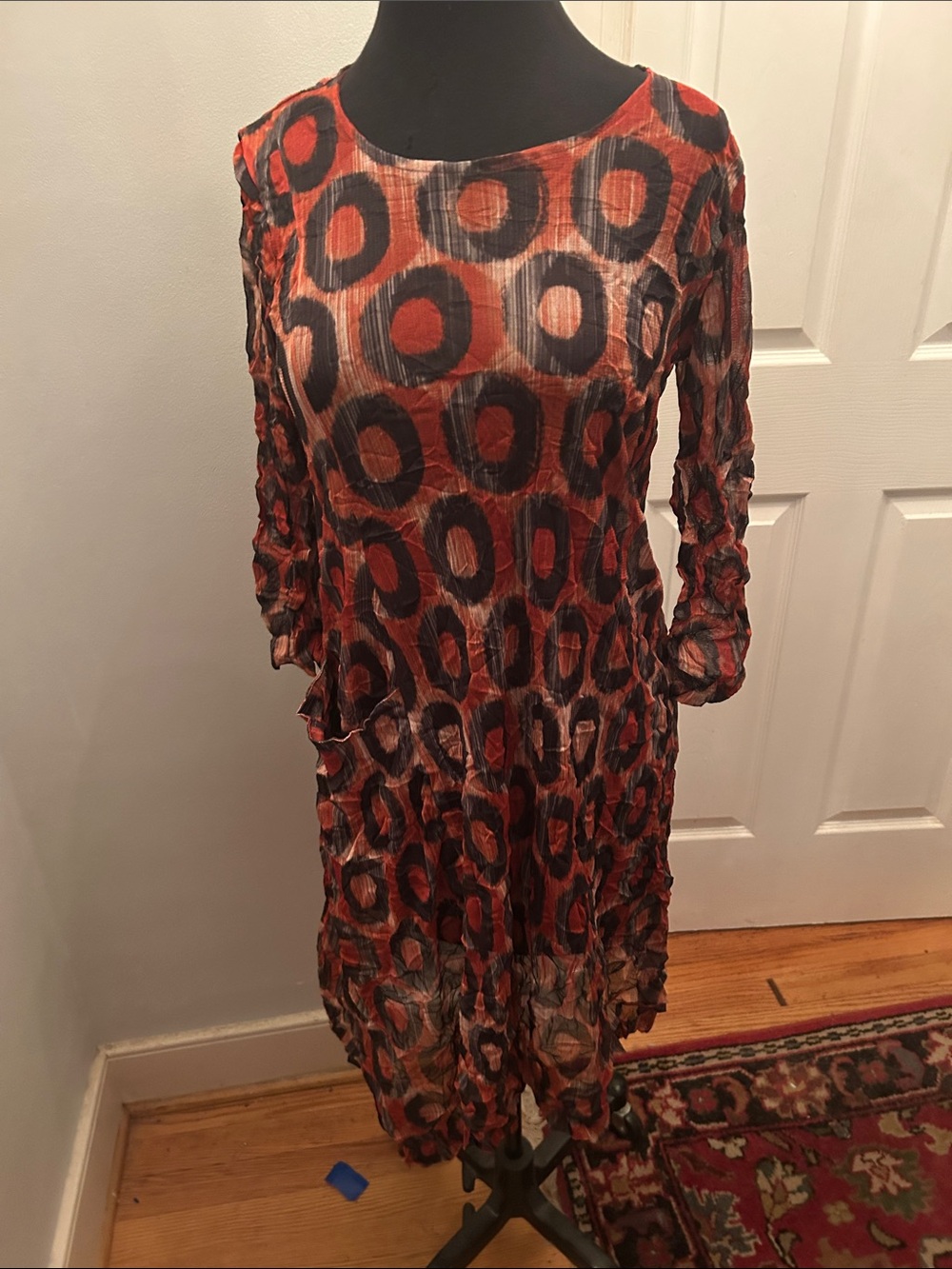 Abstract Red and Black Long-Sleeve sheer dress XS-S